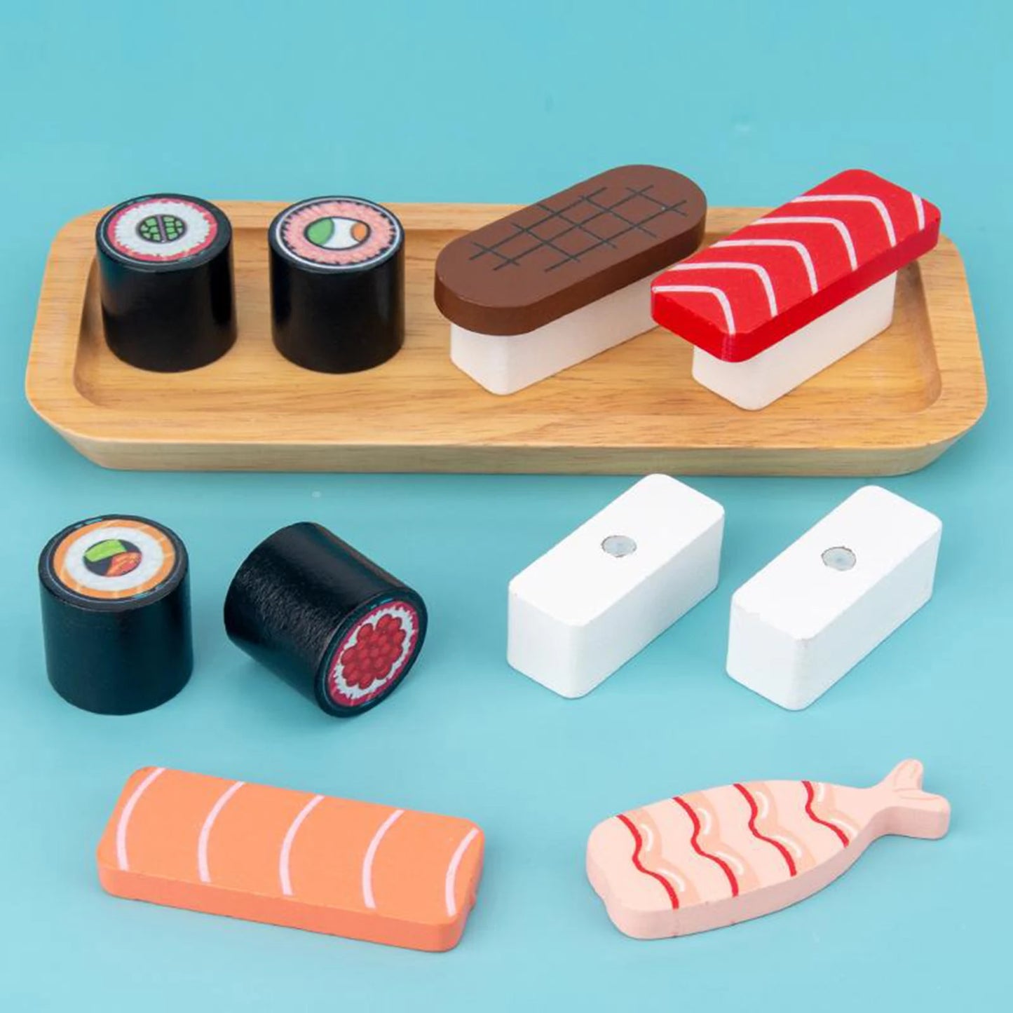 Children's Wooden Simulation Play House Sushi Group Food Set Pretend Role Play Food Set Kitchen Accessories for Boys Girls Toys