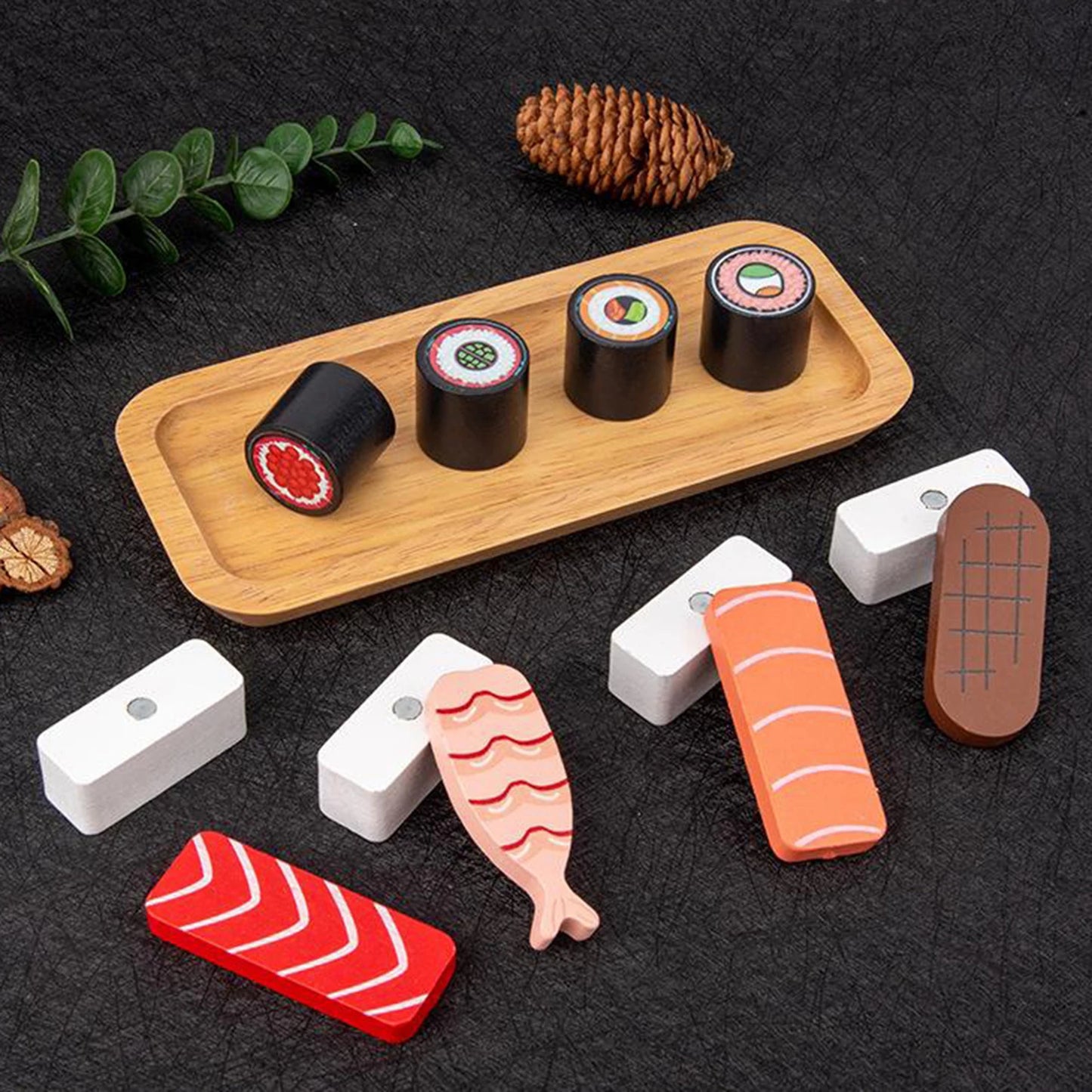 Children's Wooden Simulation Play House Sushi Group Food Set Pretend Role Play Food Set Kitchen Accessories for Boys Girls Toys