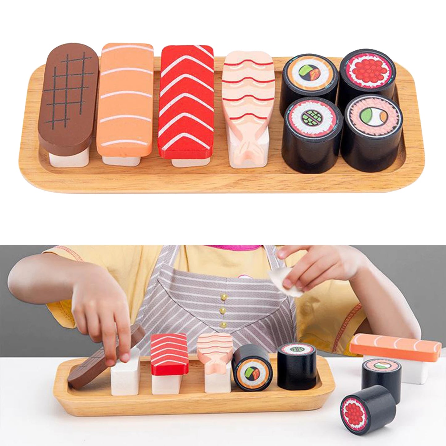 Children's Wooden Simulation Play House Sushi Group Food Set Pretend Role Play Food Set Kitchen Accessories for Boys Girls Toys