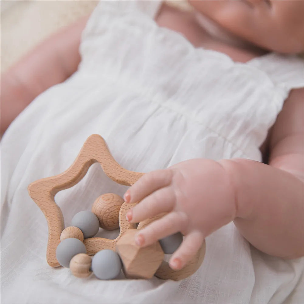 Wooden Toys Baby Animals Bracelets Beech Teether Silicone Beads Teething Wood Rattles Toys Infant Nursing Gift For Newborn