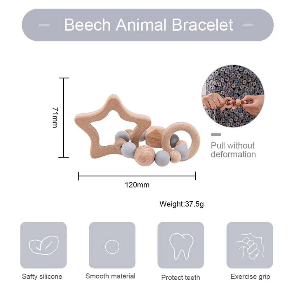 Wooden Toys Baby Animals Bracelets Beech Teether Silicone Beads Teething Wood Rattles Toys Infant Nursing Gift For Newborn