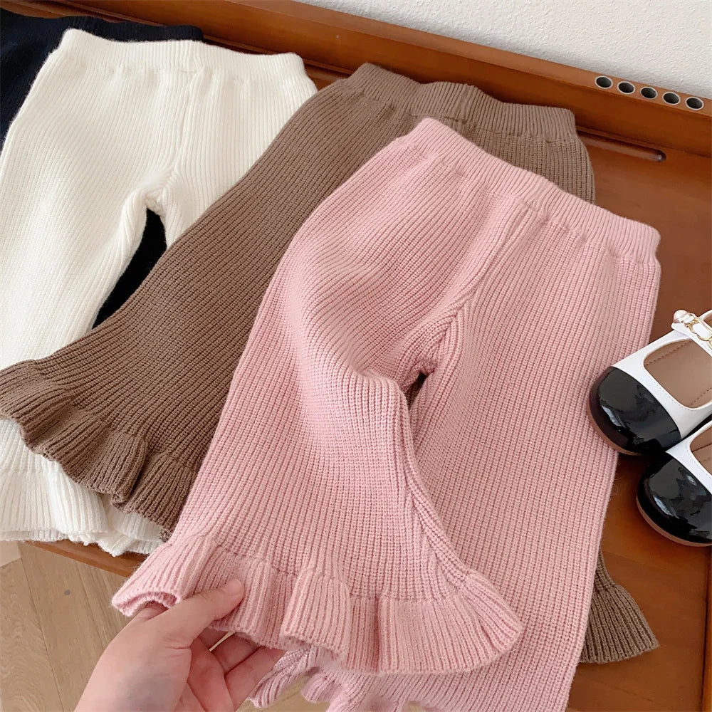 1-5T Kids Girl Flare Knit Pants Autumn Winter Solid Color Baby Ribbed Trousers Elastic Waist Toddler Leggings Children Clothing