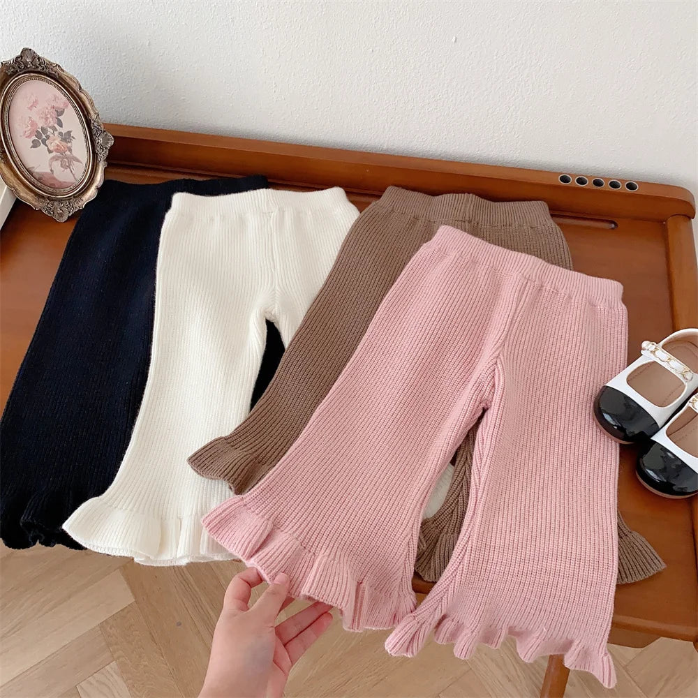 1-5T Kids Girl Flare Knit Pants Autumn Winter Solid Color Baby Ribbed Trousers Elastic Waist Toddler Leggings Children Clothing