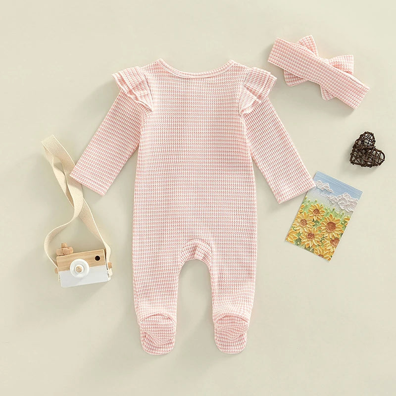 0-9M Newborn Baby Girl Clothes Ruffle Baby Sleeper Zipper Footie Knit Romper Playsuit Jumpsuit with Headband Outfit 2 Piece