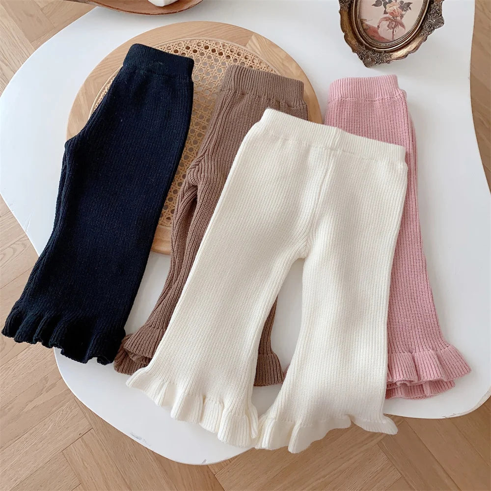 1-5T Kids Girl Flare Knit Pants Autumn Winter Solid Color Baby Ribbed Trousers Elastic Waist Toddler Leggings Children Clothing