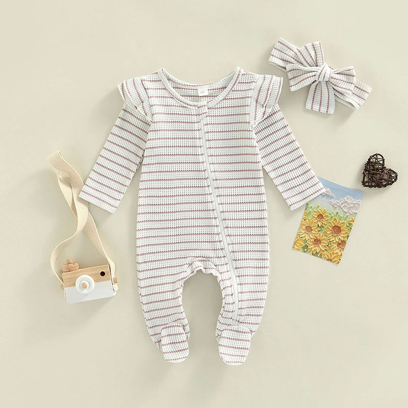 0-9M Newborn Baby Girl Clothes Ruffle Baby Sleeper Zipper Footie Knit Romper Playsuit Jumpsuit with Headband Outfit 2 Piece