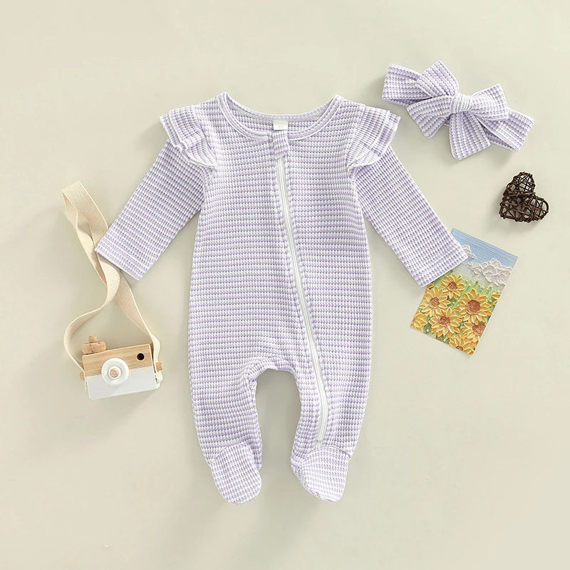 0-9M Newborn Baby Girl Clothes Ruffle Baby Sleeper Zipper Footie Knit Romper Playsuit Jumpsuit with Headband Outfit 2 Piece