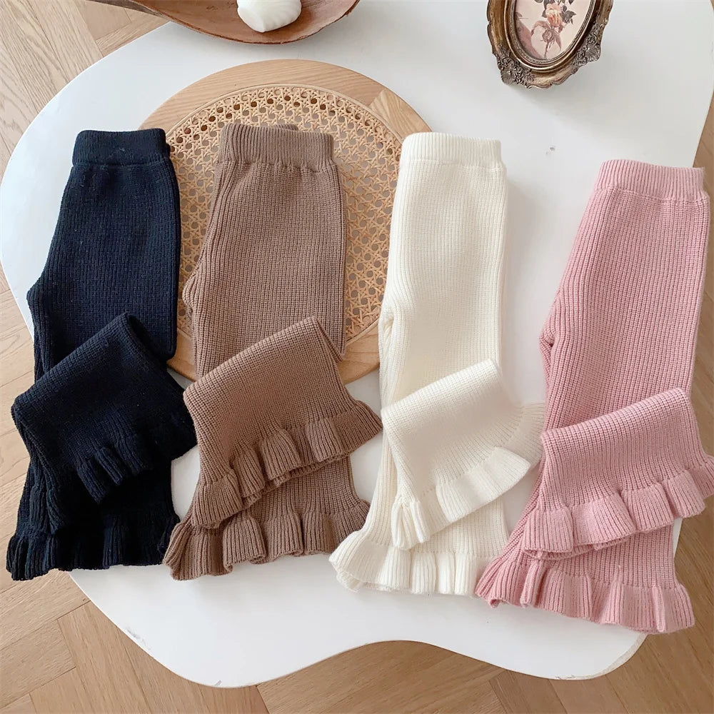 1-5T Kids Girl Flare Knit Pants Autumn Winter Solid Color Baby Ribbed Trousers Elastic Waist Toddler Leggings Children Clothing